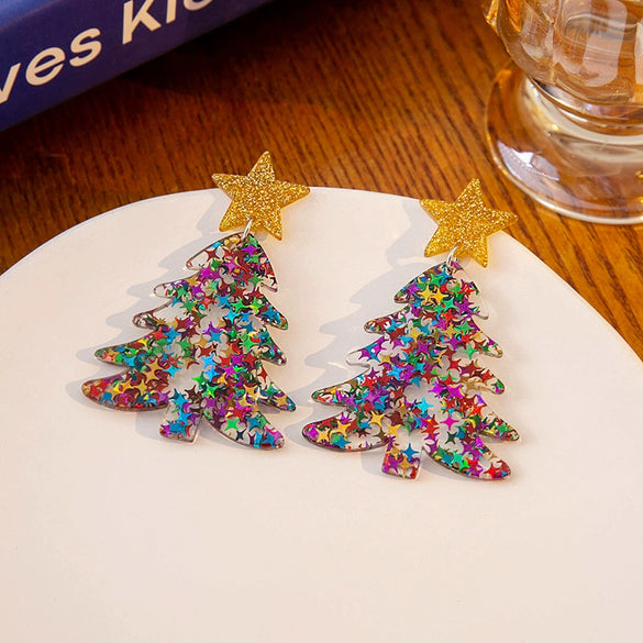 Versatile Acrylic Electroplated Fivepointed Star Christmas Tree Earrings For Women