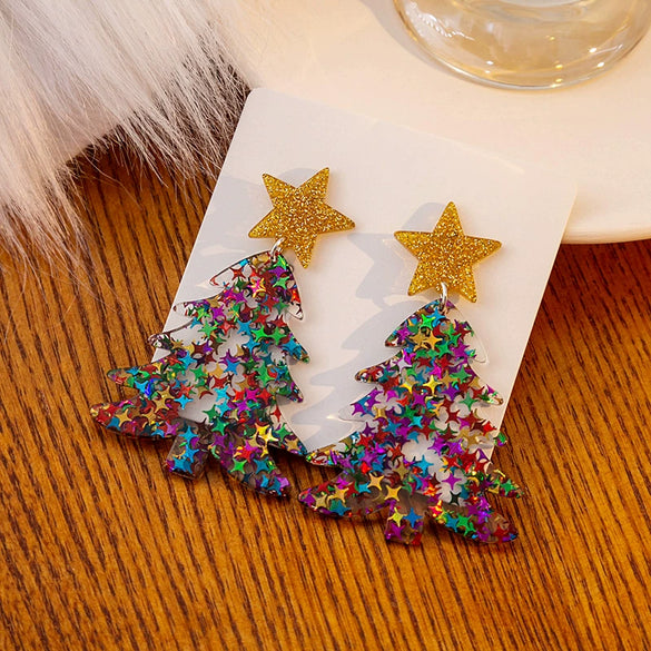 Versatile Acrylic Electroplated Fivepointed Star Christmas Tree Earrings For Women