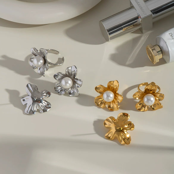 Versatile Dopamine Pearl Flower Earrings For Women 18K Gold Plated Stainless Steel With Pvd Vacuum Real Gold Electroplating