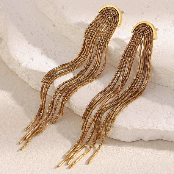 Versatile Stylish Fashion Women's Long Tassel Earrings Stainless Steel 18K Gold Plated Geometric Electroplated