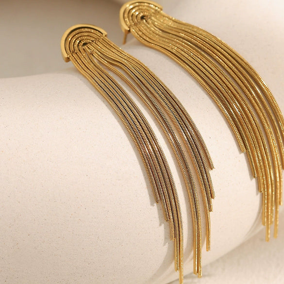 Versatile Stylish Fashion Women's Long Tassel Earrings Stainless Steel 18K Gold Plated Geometric Electroplated