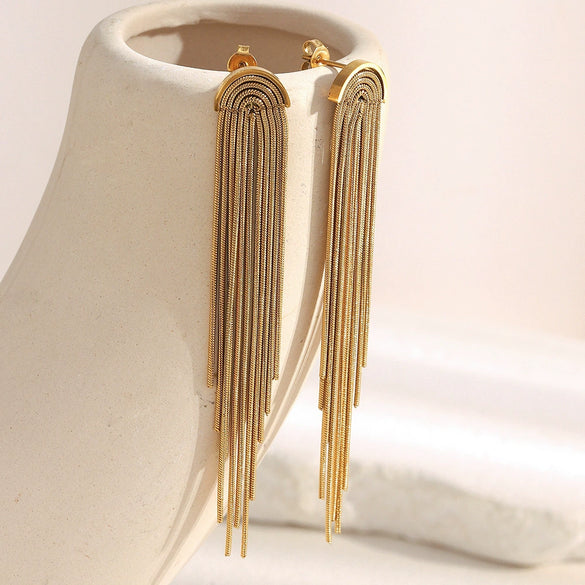 Versatile Stylish Fashion Women's Long Tassel Earrings Stainless Steel 18K Gold Plated Geometric Electroplated