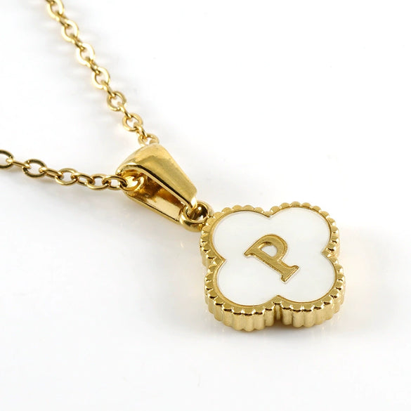 Versatile Titanium Steel Clover And Letter Design Pendant Necklace 18K Gold Plated For Women