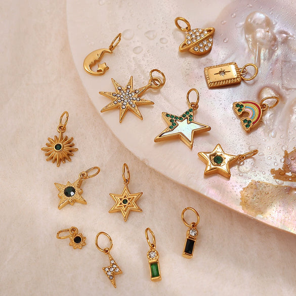 Versatile Trendy Jewelry Pendant 316L Stainless Steel Fivepointed Star Green Rhinestone Electroplating Design