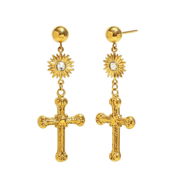 Versatile Women's Ear Jewelry Stainless Steel 18K Gold Plated Cross Pendant Earrings With Geometric Design