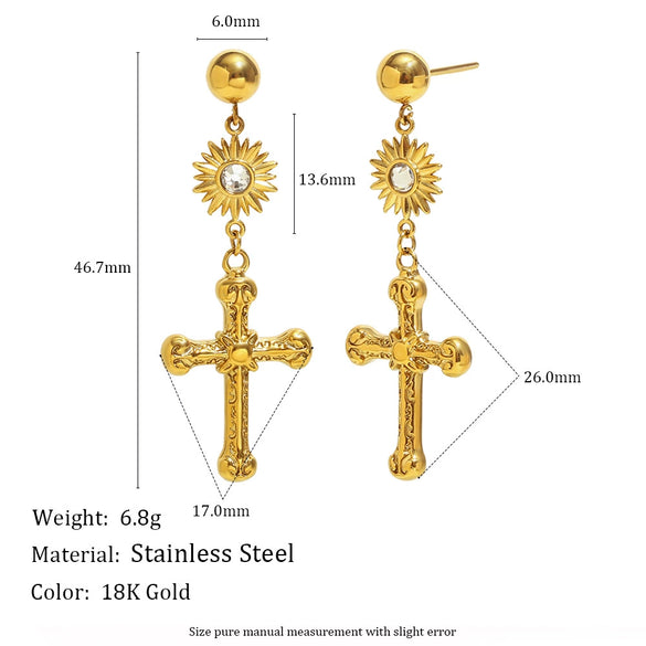 Versatile Women's Ear Jewelry Stainless Steel 18K Gold Plated Cross Pendant Earrings With Geometric Design