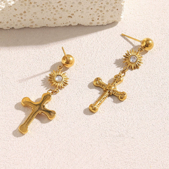 Versatile Women's Ear Jewelry Stainless Steel 18K Gold Plated Cross Pendant Earrings With Geometric Design