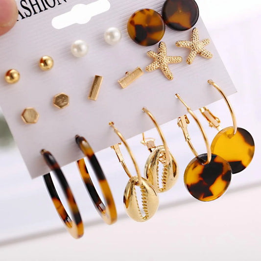 Vintage Acetate Sheet Metal Shell Earrings Set 9 Pairs Nhpj155979