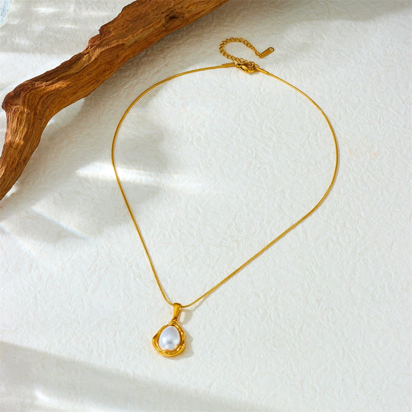 Vintage Allmatch Drop Pearl Irregular Pendant Stainless Steel Women's Necklace With Snake Bone Chain And Electroplating