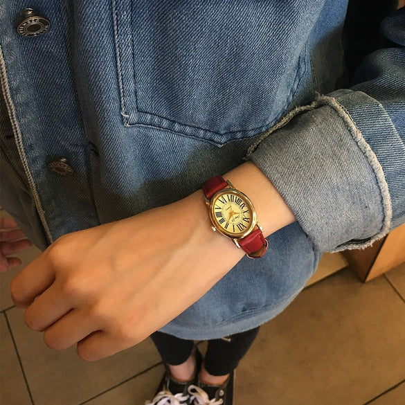 Vintage Allmatch Pu Leather Oval Dial Artistic Casual Watch For Women