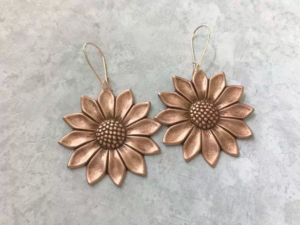 Vintage Alloy Three Dimensional Sunflower Daisy Earrings Electroplated