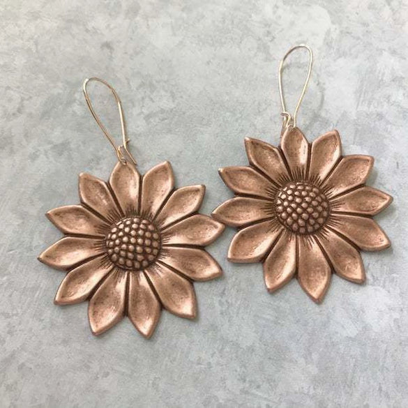 Vintage Alloy Three Dimensional Sunflower Daisy Earrings Electroplated