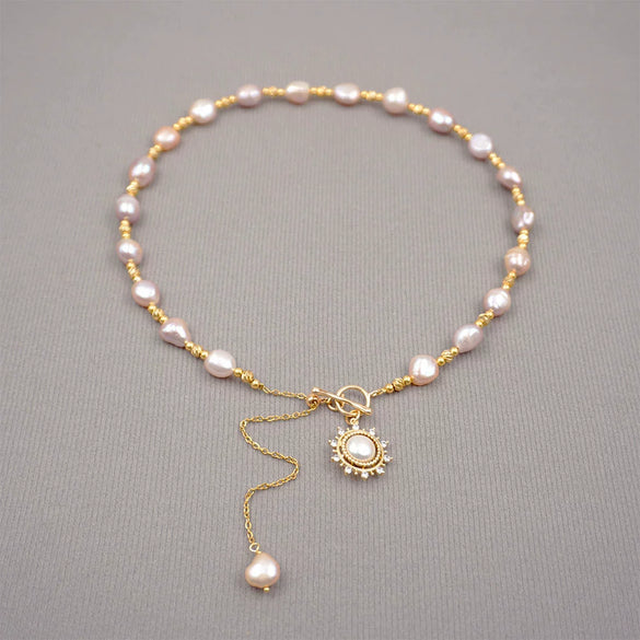 Vintage Baroque Purple Pearl Women's Necklace With Geometric Pattern Handmade And Adjustable Ot Buckle
