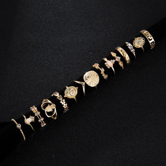 Vintage Beauty Head Alloy Coin Cross Pattern Rhinestone Love Ring Set Nhgy125437