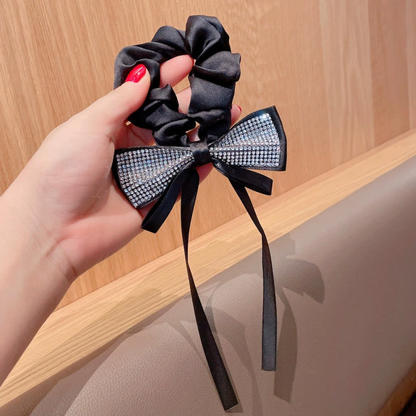 Vintage Bow Crystal Tassel Handmade Hair Rope Hair Band Intestinal Ring Rubber Band Women Hair Accessories