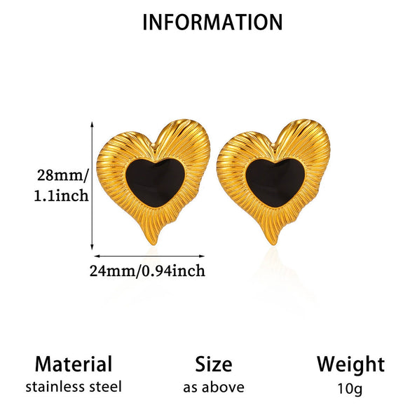 Vintage Carved Black Double Layer Heart Earrings With Zircon Accents And Oil Drop Finish For Women With Stainless Steel Posts