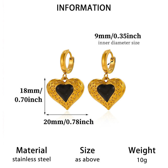 Vintage Carved Black Double Layer Heart Earrings With Zircon Accents And Oil Drop Finish For Women With Stainless Steel Posts