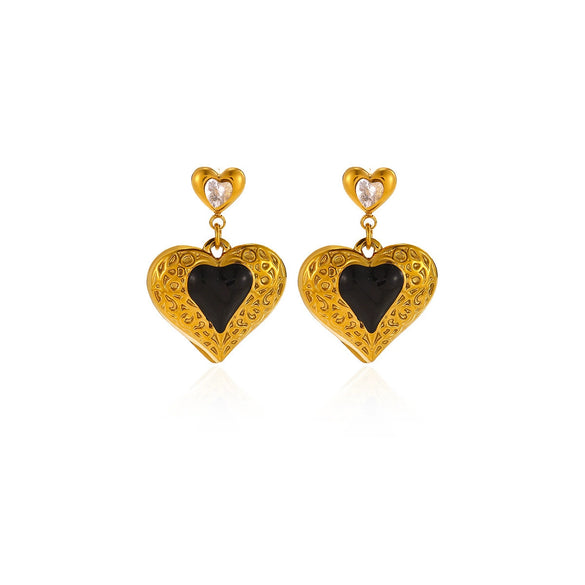 Vintage Carved Black Double Layer Heart Earrings With Zircon Accents And Oil Drop Finish For Women With Stainless Steel Posts