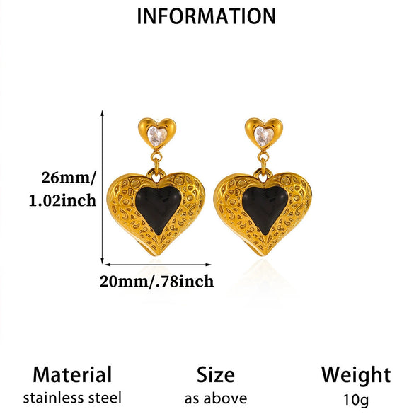 Vintage Carved Black Double Layer Heart Earrings With Zircon Accents And Oil Drop Finish For Women With Stainless Steel Posts
