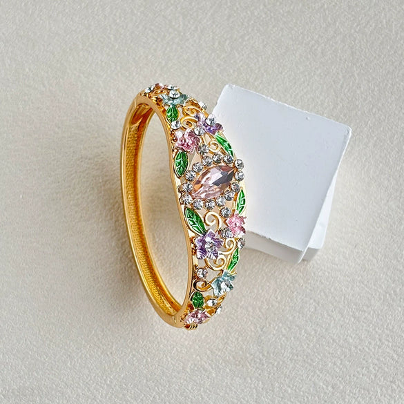 Vintage Cloisonné Enamel Filigree Open Bangle Bracelet With Hollow Design Floral Pattern And Plated Finish