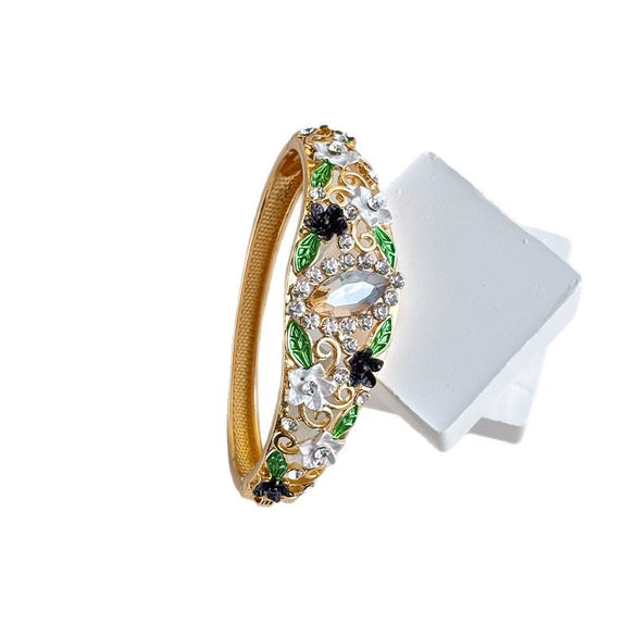 Vintage Cloisonné Enamel Filigree Open Bangle Bracelet With Hollow Design Floral Pattern And Plated Finish