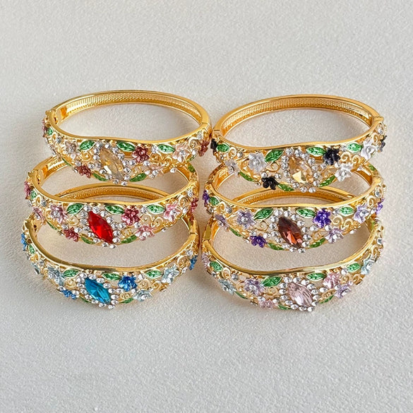 Vintage Cloisonné Enamel Filigree Open Bangle Bracelet With Hollow Design Floral Pattern And Plated Finish