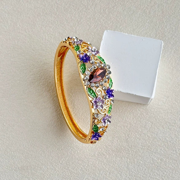Vintage Cloisonné Enamel Filigree Open Bangle Bracelet With Hollow Design Floral Pattern And Plated Finish