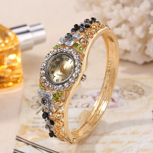 Vintage Cloisonne 3D Flower Blooming Women's Alloy Wrist Watch And Fashion Bracelet