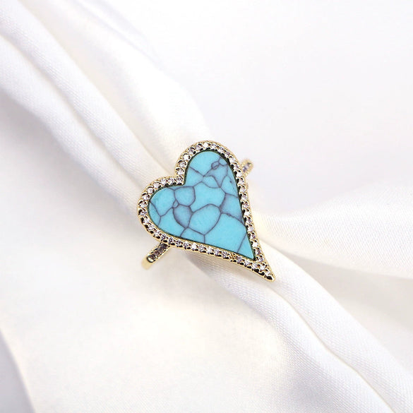 Vintage Copper Electroplated Ring For Women With Micro Paved Zircon And Shell Stone Heart Shaped Open Wide Band Design