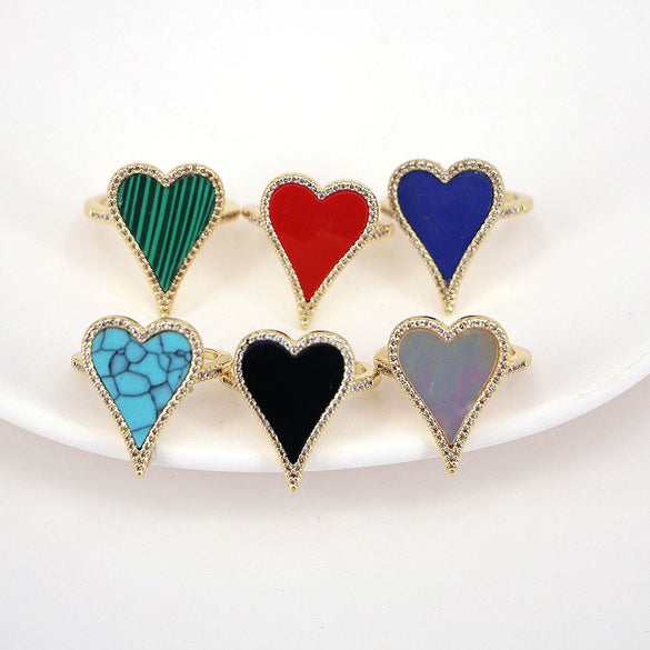 Vintage Copper Electroplated Ring For Women With Micro Paved Zircon And Shell Stone Heart Shaped Open Wide Band Design