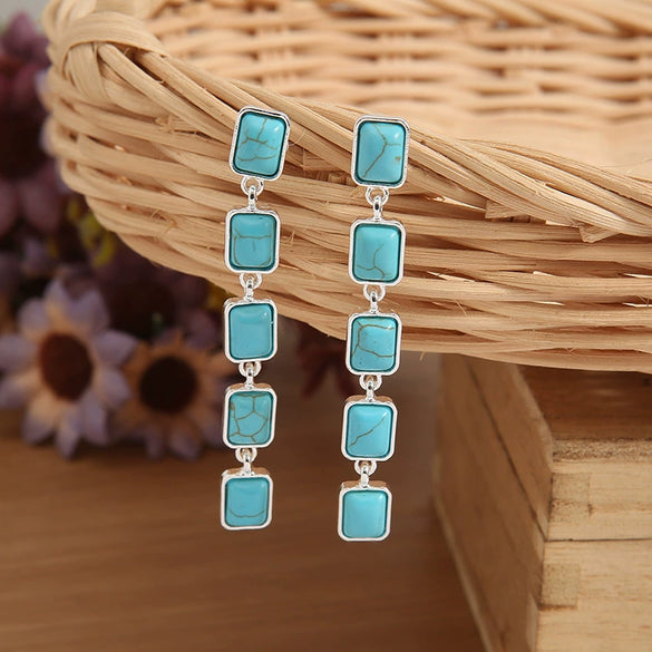 Vintage Court Style Square Alloy Earrings With Turquoise And Dripping Oil Design And Long Tassel