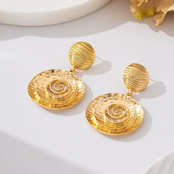 Vintage Distressed Hammered Zinc Alloy Spiral Flower Earrings With Geometric Round Swirl Design Electroplated Finish And Stainless Steel Posts