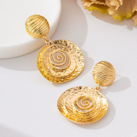 Vintage Distressed Hammered Zinc Alloy Spiral Flower Earrings With Geometric Round Swirl Design Electroplated Finish And Stainless Steel Posts
