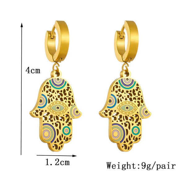 Vintage Dripping Oil Hollow Fatima Hand Eye Pendant Accessories Earrings For Women Titanium Steel Electroplating