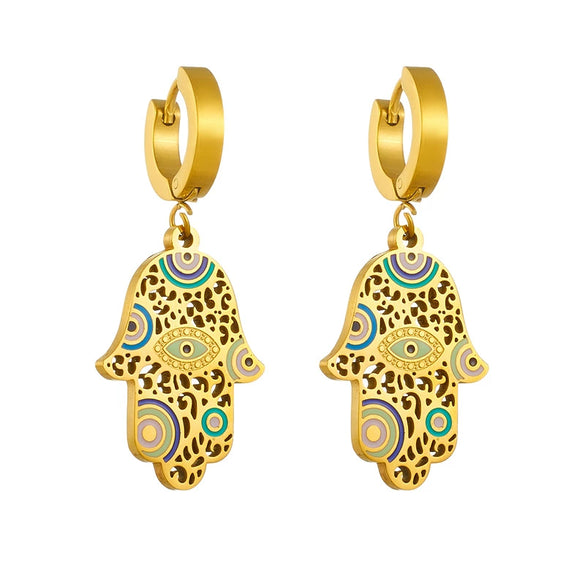 Vintage Dripping Oil Hollow Fatima Hand Eye Pendant Accessories Earrings For Women Titanium Steel Electroplating