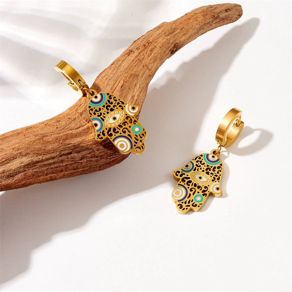 Vintage Dripping Oil Hollow Fatima Hand Eye Pendant Accessories Earrings For Women Titanium Steel Electroplating