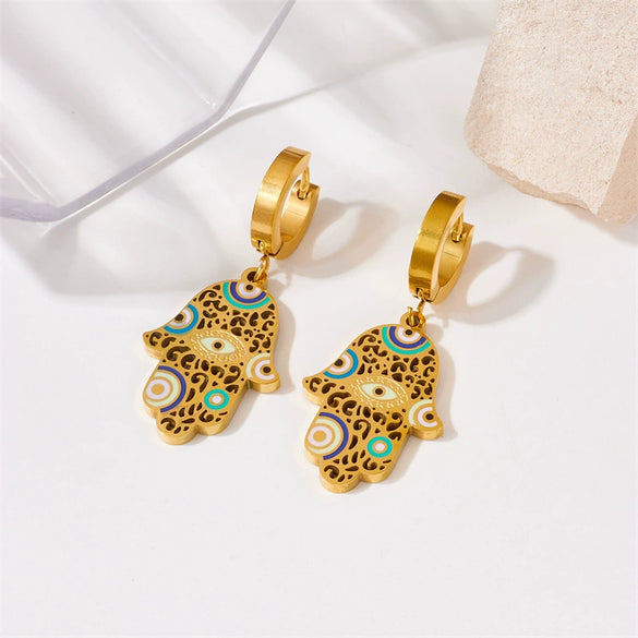 Vintage Dripping Oil Hollow Fatima Hand Eye Pendant Accessories Earrings For Women Titanium Steel Electroplating