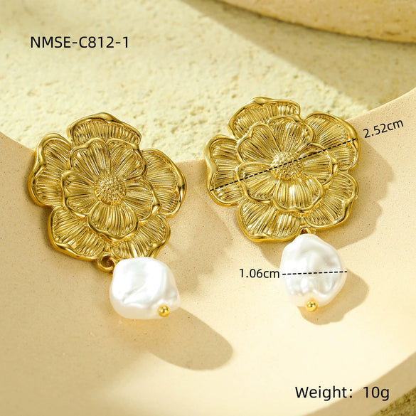 Vintage Electroplated 18K Gold Stainless Steel Flower Earrings With Pearl For Women