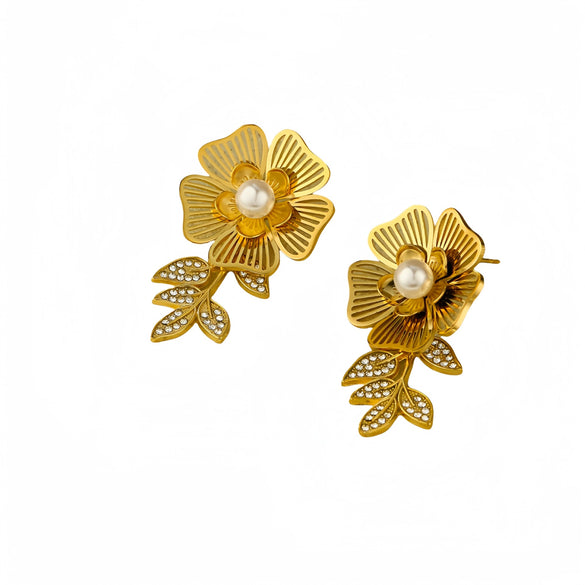 Vintage Elegant Leaf Flower Diamond Stainless Steel Electroplated Women's Earrings