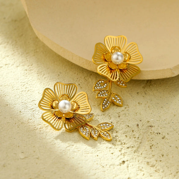 Vintage Elegant Leaf Flower Diamond Stainless Steel Electroplated Women's Earrings