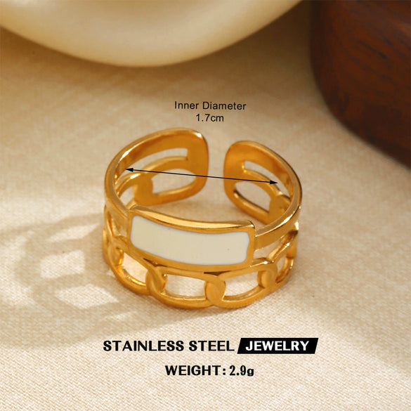 Vintage Elegant White Enamel Stainless Steel Adjustable Ring For Women With Electroplated Geometric Line Design