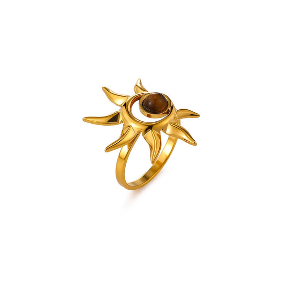 Vintage Elegant Women's Goldplated Sun Ring With Pearl And Tiger's Eye Stone Natural Style Jewelry