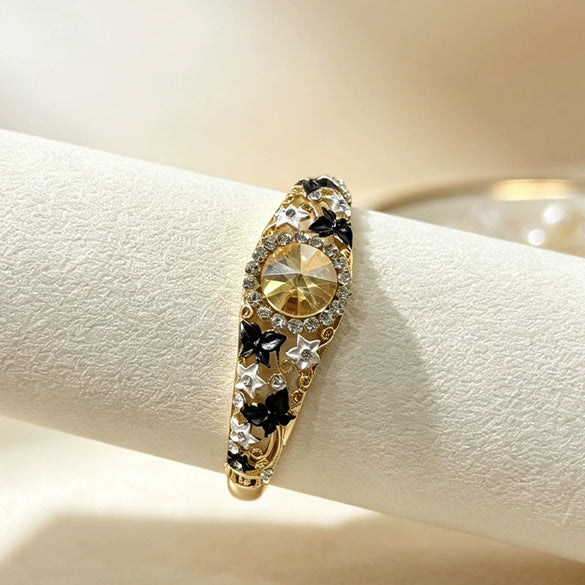 Vintage Enamel Butterfly Gemstone Bangle For Women With Openwork Filigree And Plated Open Bracelet Design