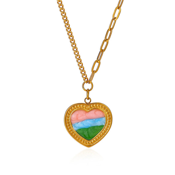 Vintage Enamel Floral Heart Pendant Necklace With Gold Plated Oshaped Chain For Women Elegant Retro Jewelry
