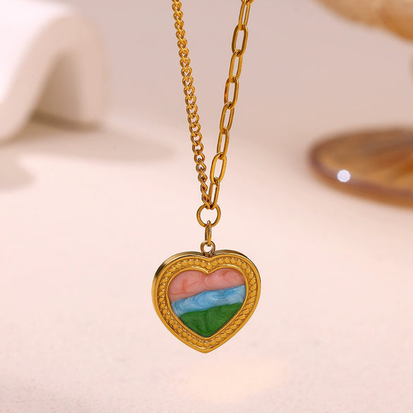 Vintage Enamel Floral Heart Pendant Necklace With Gold Plated Oshaped Chain For Women Elegant Retro Jewelry