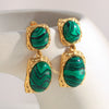 Vintage Exaggerated Niche Fashion Earrings Stainless Steel 18K Gold Plated Malachite Pendant Stud Earrings With Geometric Design Electroplating