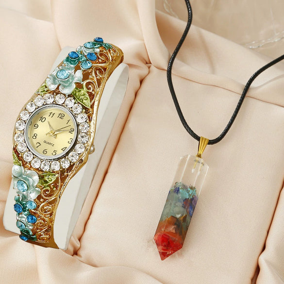 Vintage Fashion Cloisonne 3D Blooming Women's Alloy Bracelet Quartz Watch With Gravel Pendant And Stainless Steel Buckle