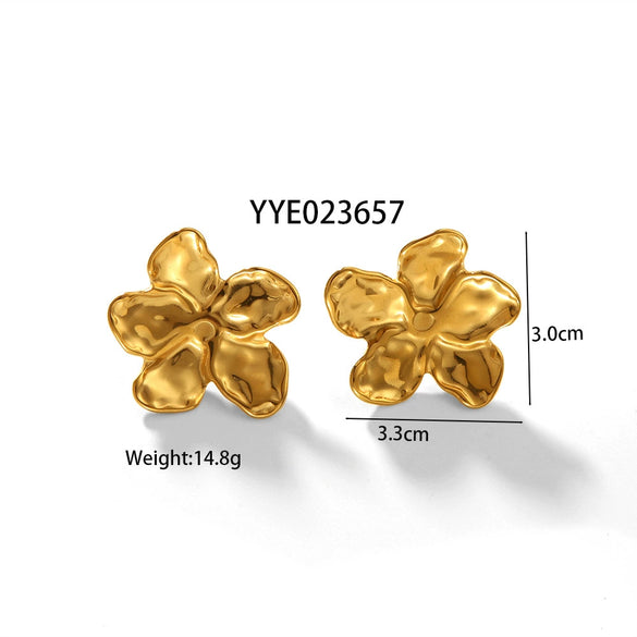 Vintage Fashion Flower Stud Earrings And Exaggerated Petal Ring Stainless Steel Jewelry Suit With Pvd Furnace Real Gold Electroplating For Women