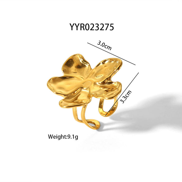 Vintage Fashion Flower Stud Earrings And Exaggerated Petal Ring Stainless Steel Jewelry Suit With Pvd Furnace Real Gold Electroplating For Women