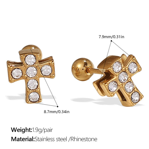 Vintage Fashion Women's 316L Stainless Steel Earrings Cross Round Inlaid Rhinestone 18K Gold Plated